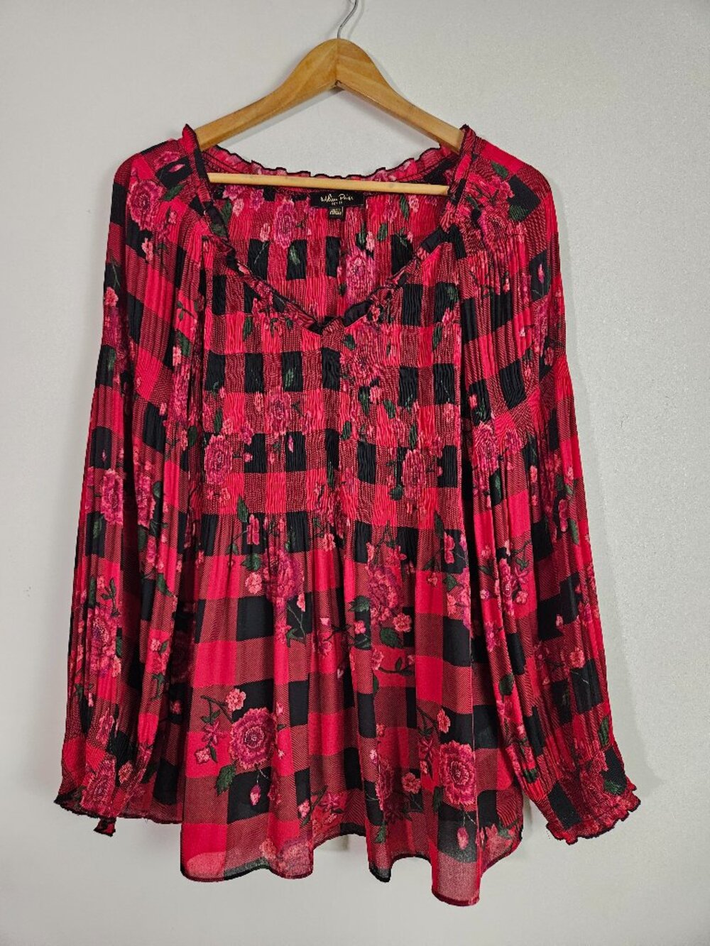 Melissa Paige Rose Floral Top Petite XL Red Plisse Sheer Whimsygoth Romantic